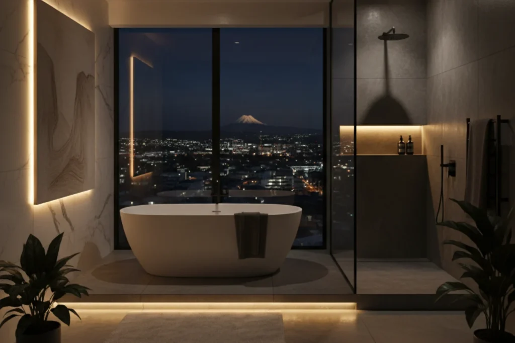 Luxury bathrooms in New Plymouth with modern vanity, bathtub, and walk in shower by Bathroom Renovations New Plymouth