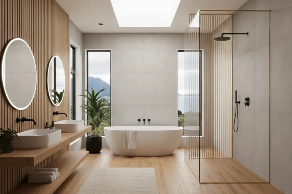 Contemporary bathrooms in New Plymouth with freestanding tub, glass shower, and wood accents by Bathroom Renovations New Plymouth
