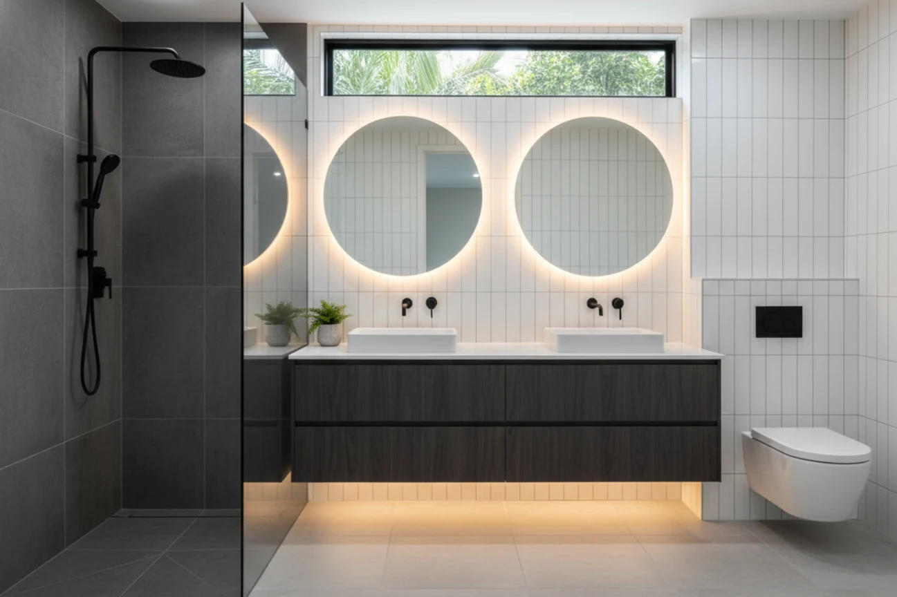 Contemporary bathrooms in New Plymouth with dual vanities, round mirrors, and sleek shower by Bathroom Renovations New Plymouth