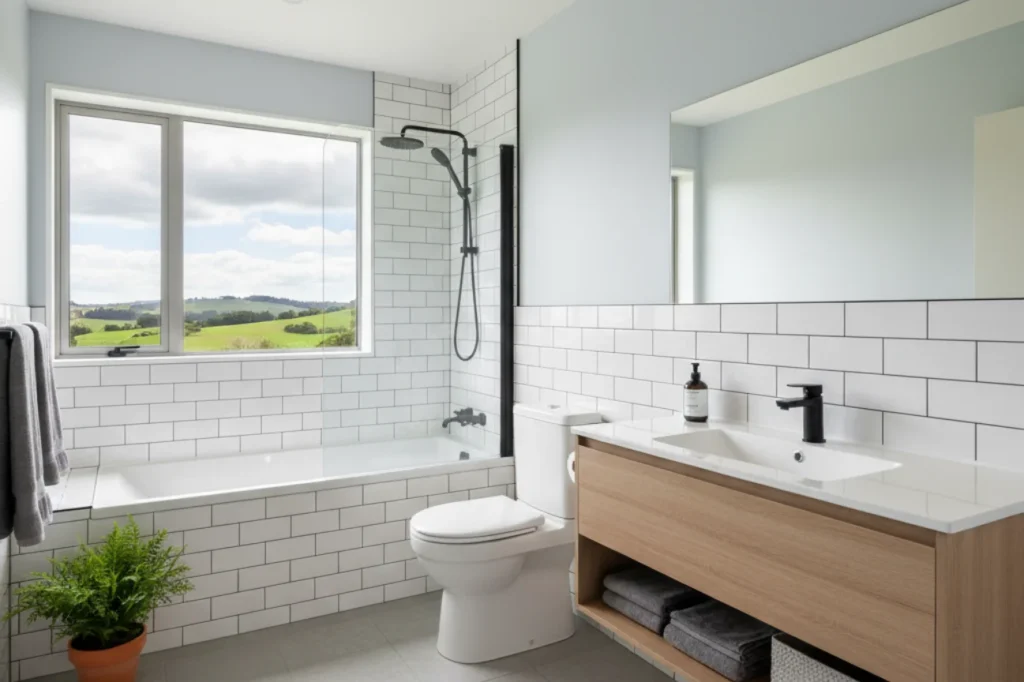 Budget bathrooms in New Plymouth with modern vanity, tiled walls, and functional layout by Bathroom Renovations New Plymouth