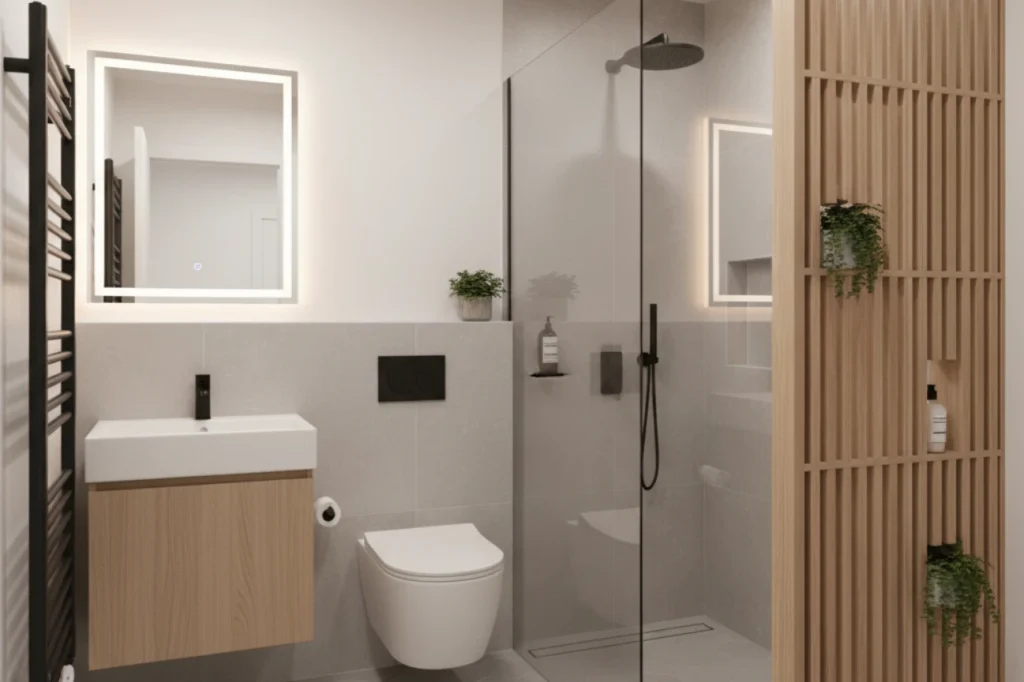 Small bathroom renovations in New Plymouth with compact vanity, walk in shower, and smart storage by Bathroom Renovations New Plymouth