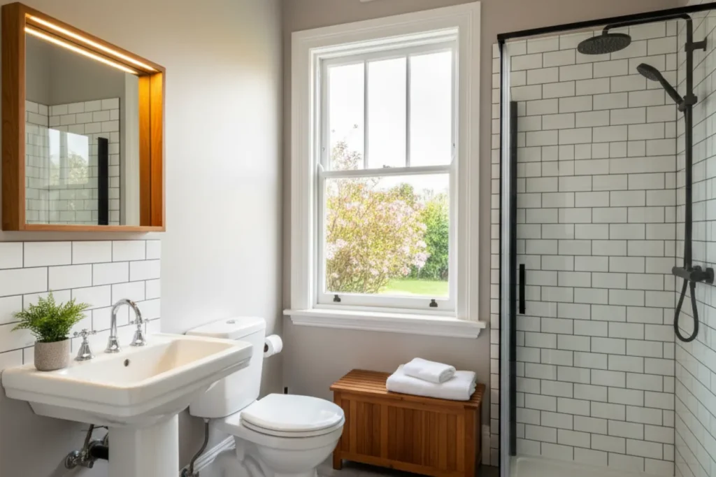 Budget bathrooms in New Plymouth with classic fixtures, tiled shower, and bright window by Bathroom Renovations New Plymouth