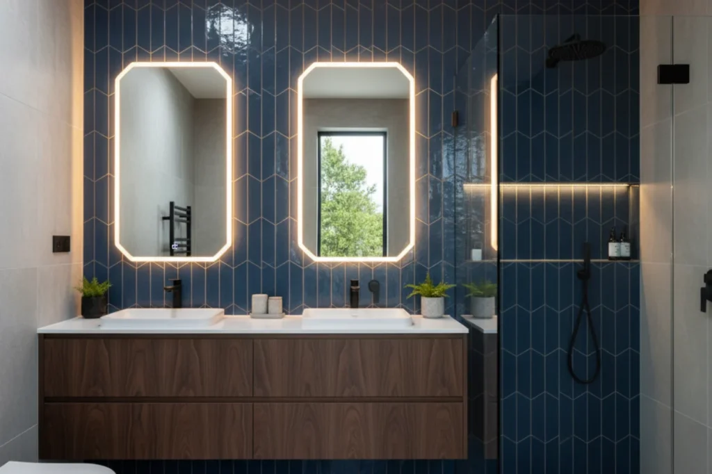 Contemporary ensuite upgrades in New Plymouth with bold blue tiles, double vanity, and modern lighting by Bathroom Renovations New Plymouth