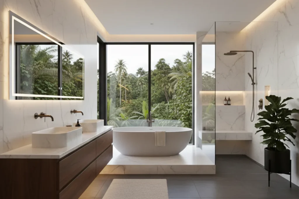 Luxury bathrooms in New Plymouth with marble finishes, freestanding tub, and modern vanity by Bathroom Renovations New Plymouth