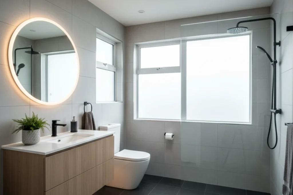 Budget bathrooms in New Plymouth with round mirror lighting, glass shower, and modern vanity by Bathroom Renovations New Plymouth