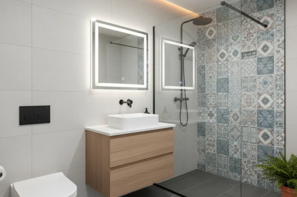 Budget bathrooms in New Plymouth with patterned shower tiles, modern vanity, and quality finish by Bathroom Renovations New Plymouth