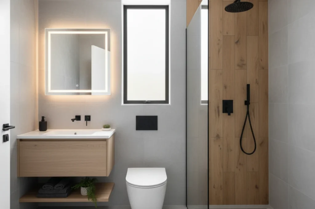 Small bathroom renovations in New Plymouth with floating vanity, wood panel shower, and elegant lighting by Bathroom Renovations New Plymouth
