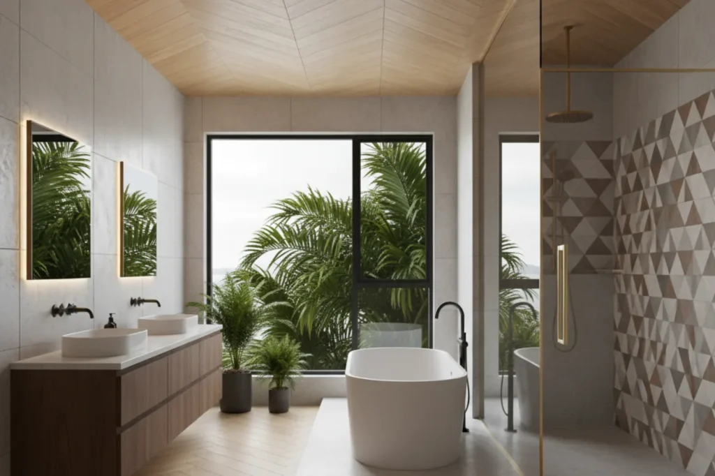 Contemporary bathrooms in New Plymouth with freestanding tub, patterned tiles, and modern vanity by Bathroom Renovations New Plymouth