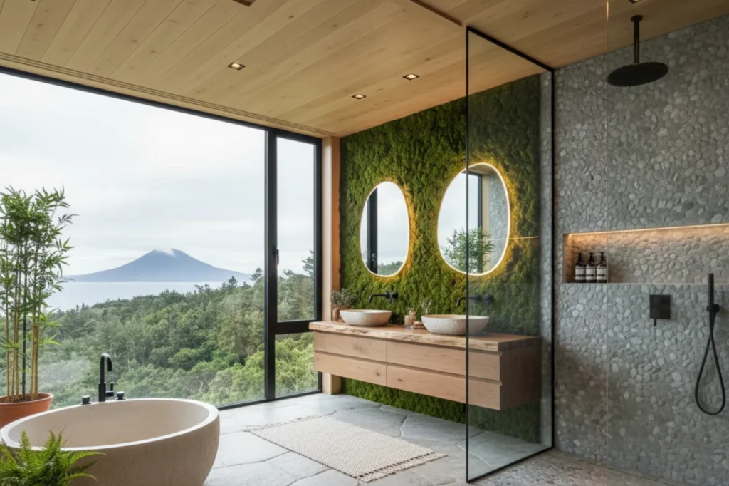 Luxury bathrooms in New Plymouth featuring stone walls, greenery accents, and freestanding tub by Bathroom Renovations New Plymouth