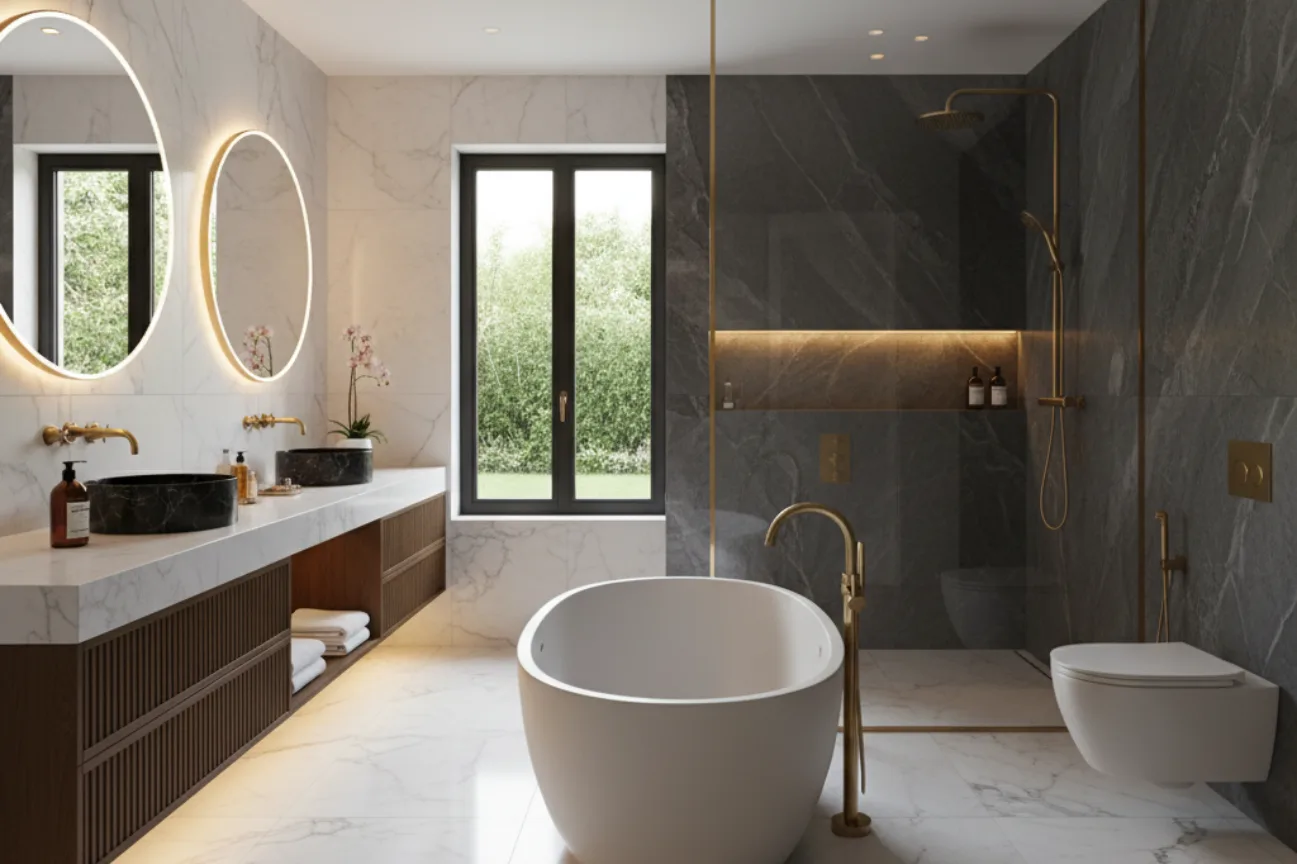 Luxury bathrooms in New Plymouth featuring marble finishes, freestanding tub, and gold fixtures by Bathroom Renovations New Plymouth
