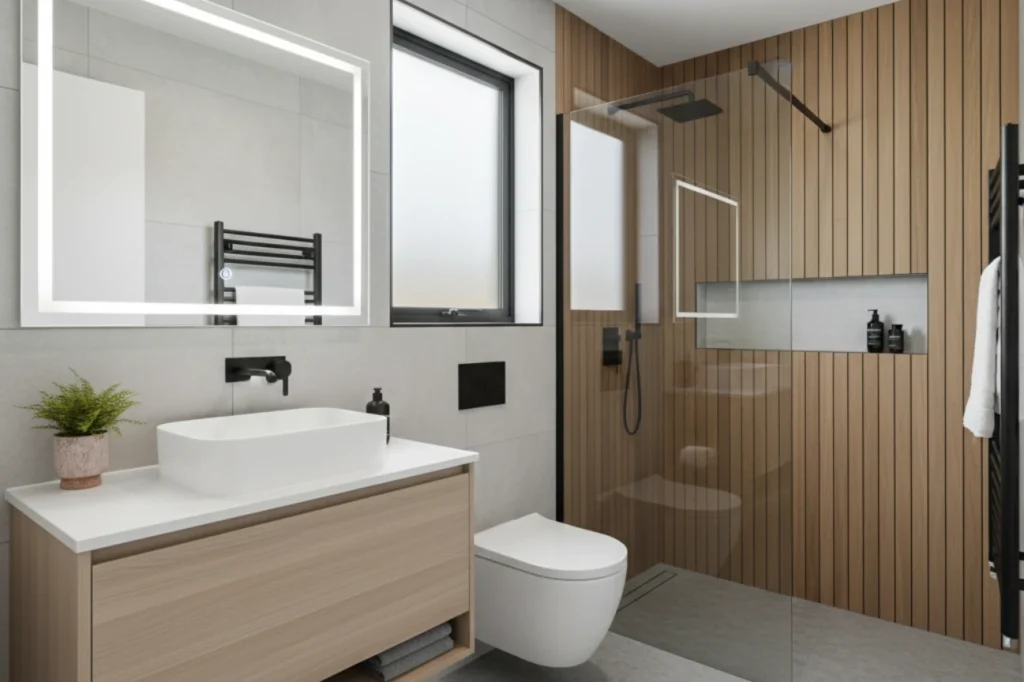 Elegant ensuite upgrades in New Plymouth with wall mounted vanity, walk in shower, and smart storage by Bathroom Renovations New Plymouth