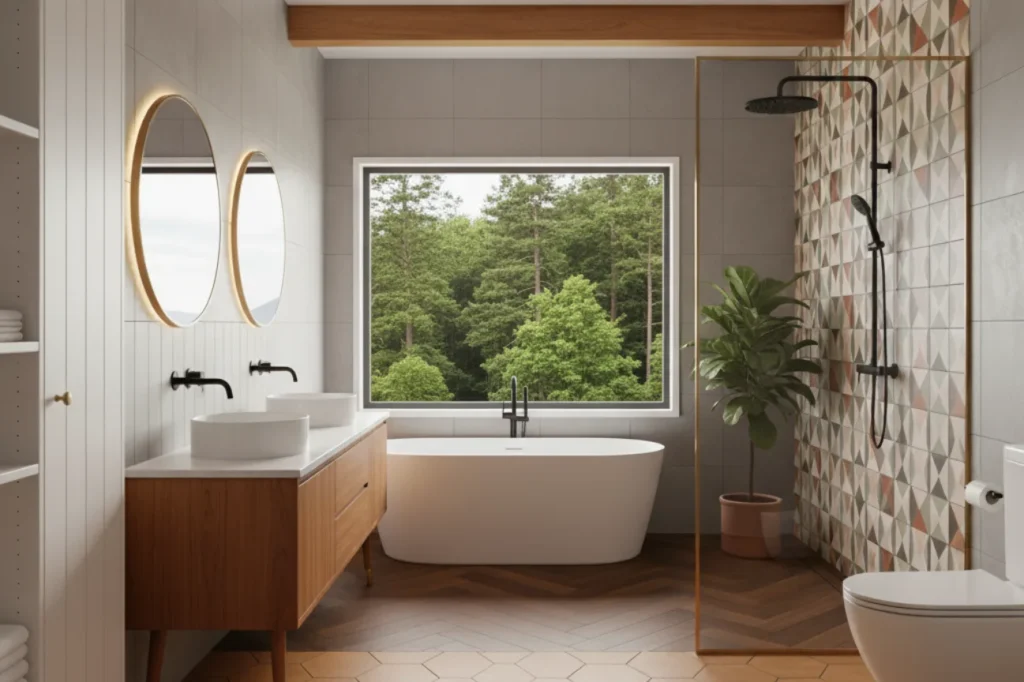 Contemporary bathrooms in New Plymouth with mid century vanity, patterned tiles, and freestanding tub by Bathroom Renovations New Plymouth