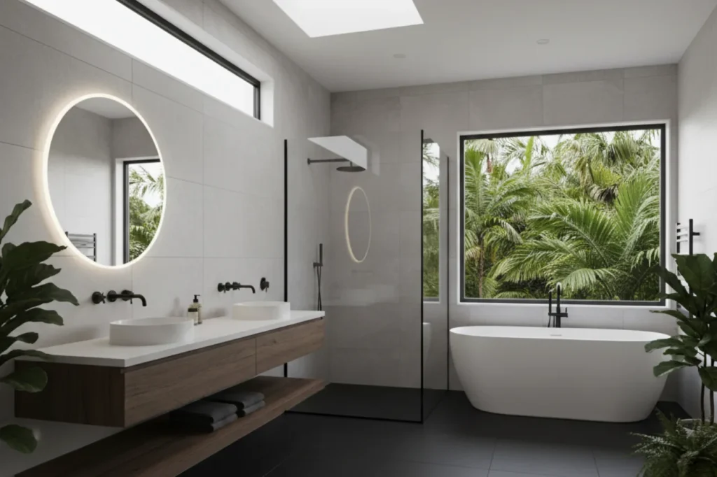Contemporary bathrooms in New Plymouth with freestanding tub, glass shower, and modern vanity by Bathroom Renovations New Plymouth