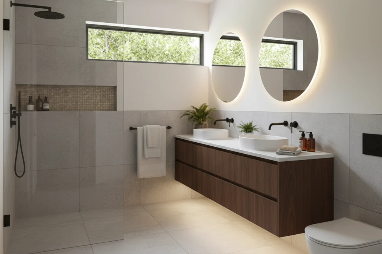 Ensuite upgrades in New Plymouth featuring double vanity, round mirrors, and glass shower by Bathroom Renovations New Plymouth