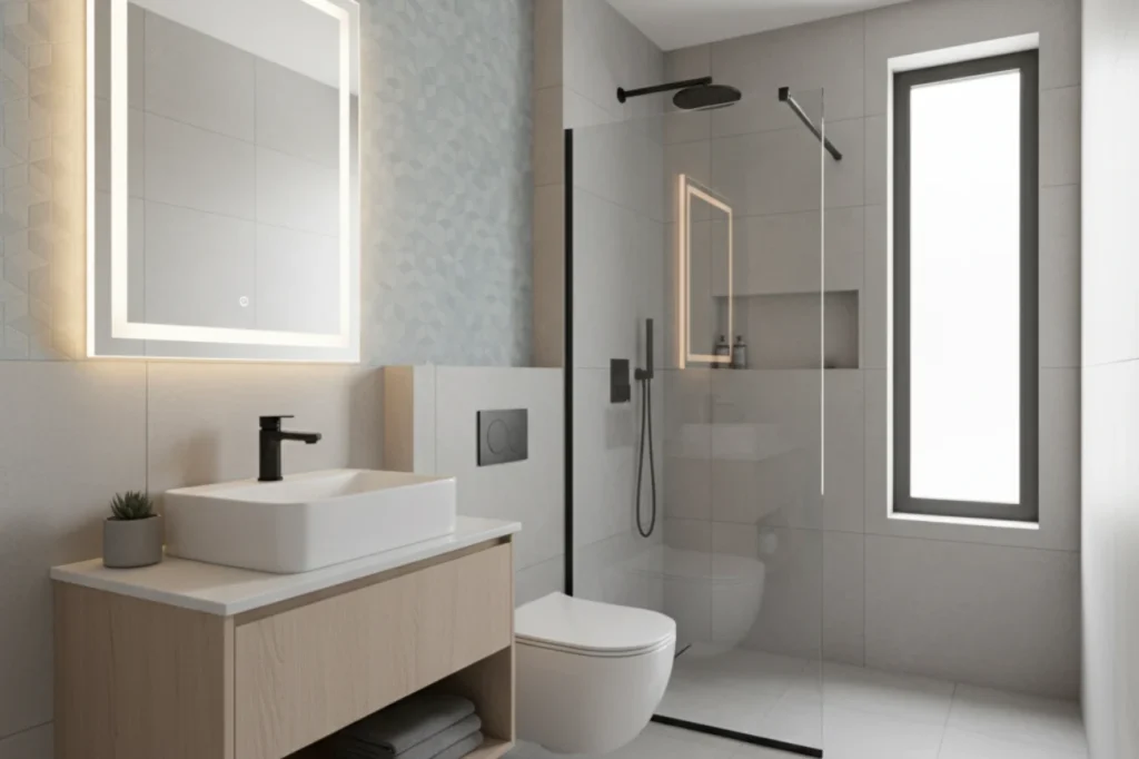 Small bathroom renovations in New Plymouth with light wood vanity, glass shower, and bright modern design by Bathroom Renovations New Plymouth