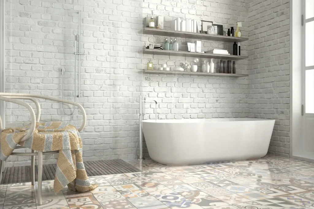 Stylish bathroom with brick wall and modern bathtub showing simple and cost effective project management by Bathroom Renovations New Plymouth.