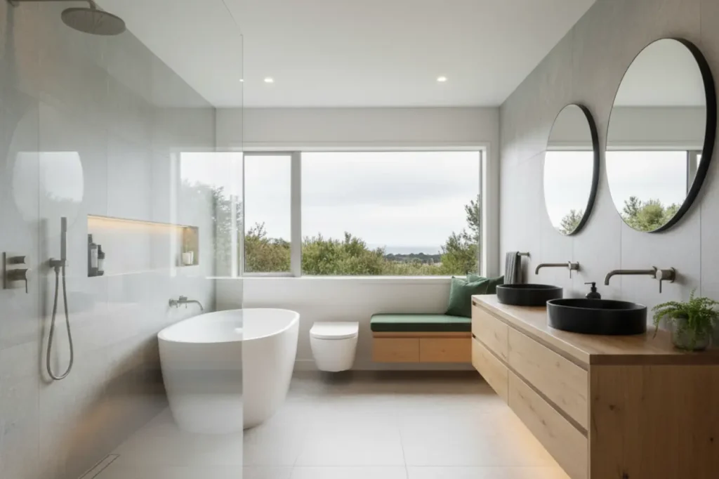 Modern bathroom with double vanity and freestanding tub showing quality workmanship by Bathroom Renovations New Plymouth