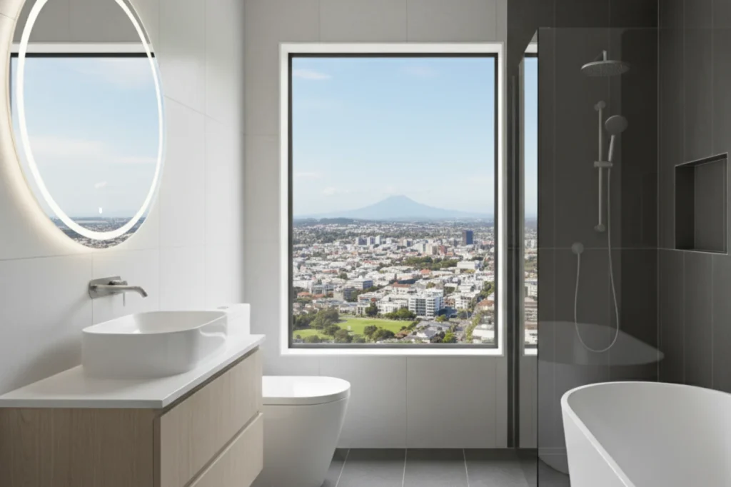 Contemporary bathrooms in New Plymouth with city views, sleek vanity, and modern shower by Bathroom Renovations New Plymouth