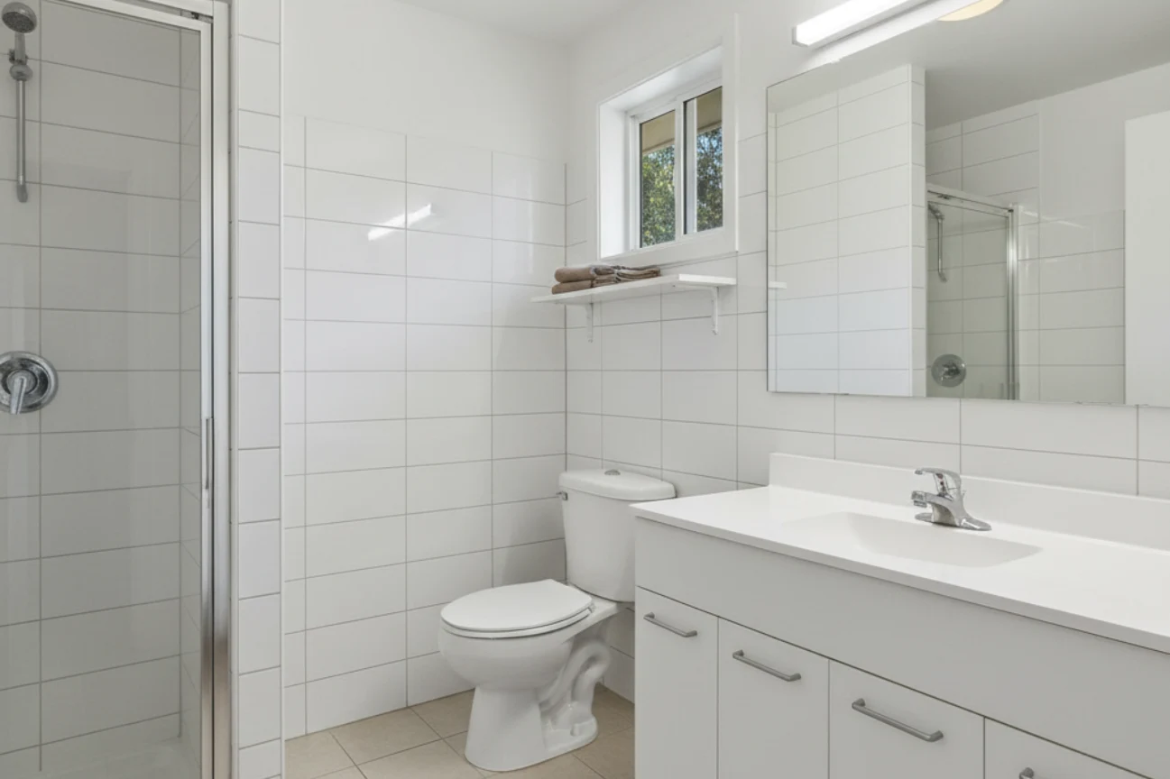 Budget bathrooms in New Plymouth with clean vanity, shower, and tiled walls by Bathroom Renovations New Plymouth