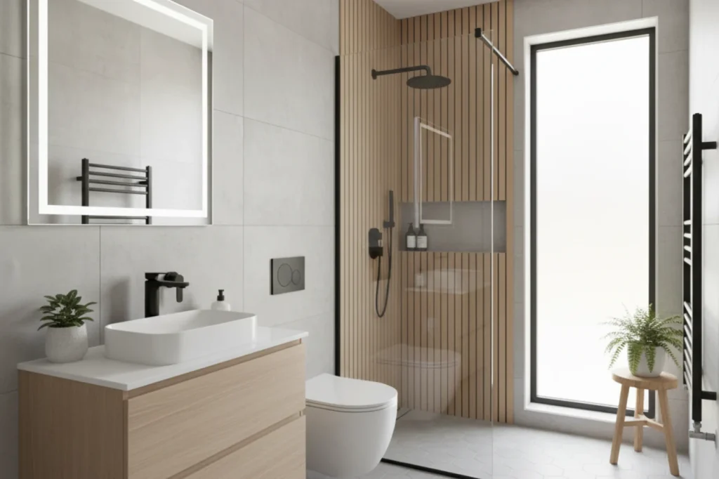 Modern ensuite upgrades in New Plymouth with stylish vanity, walk in shower, and natural light by Bathroom Renovations New Plymouth.