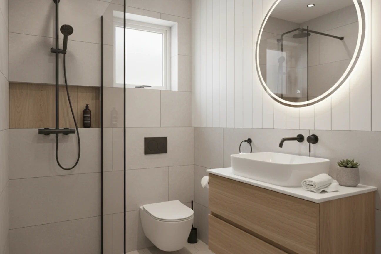 Small bathroom renovations in New Plymouth with floating vanity, glass shower, and modern lighting by Bathroom Renovations New Plymouth