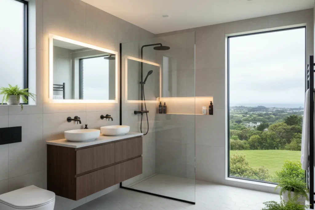 Spacious ensuite upgrades in New Plymouth featuring double vanity, frameless glass shower, and scenic view by Bathroom Renovations New Plymouth