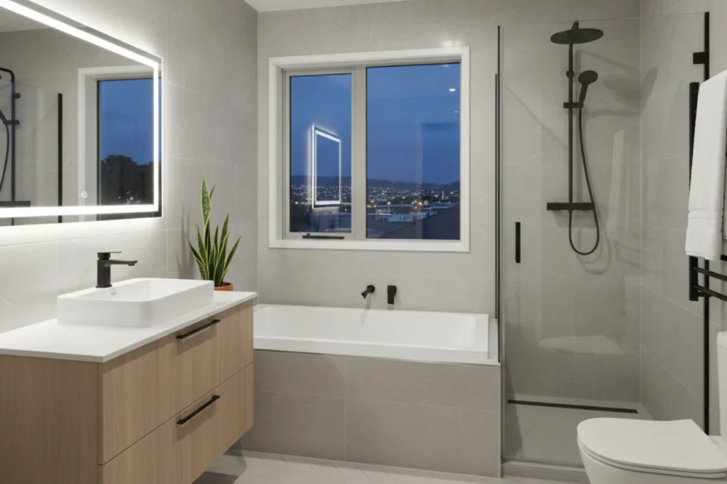 Luxury bathrooms in New Plymouth with freestanding tub, city view, and elegant night lighting by Bathroom Renovations New Plymouth