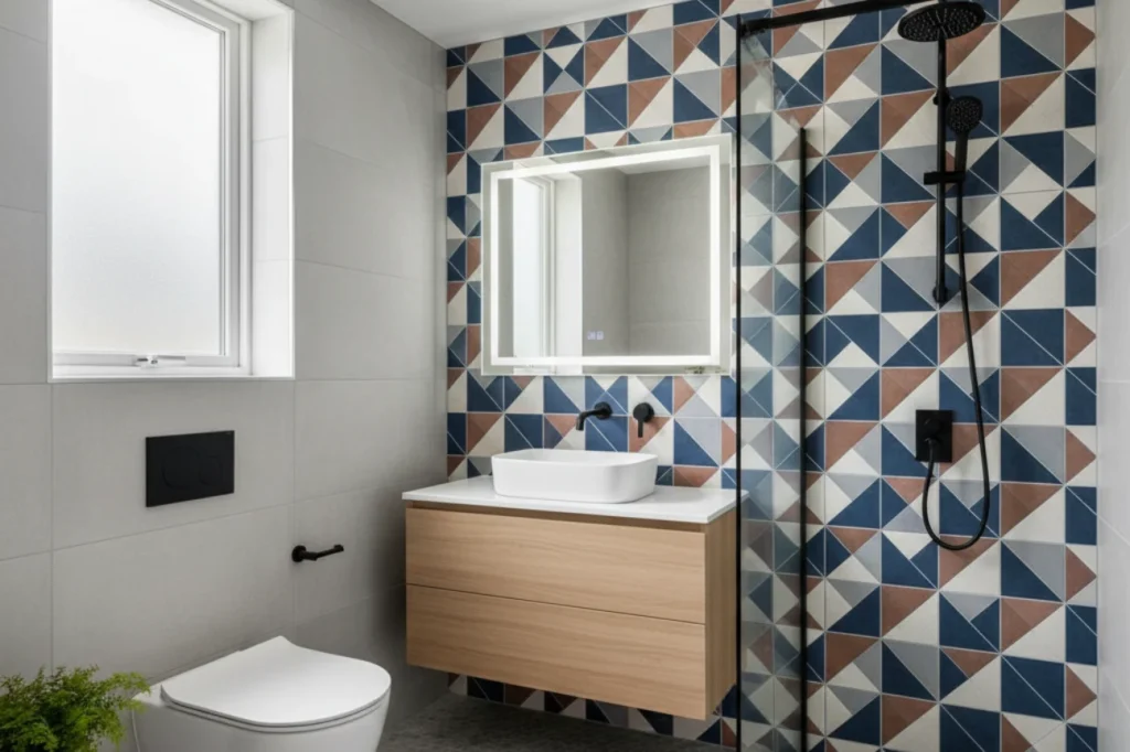 Small bathroom renovations in New Plymouth with bold tiles, wall accents, and modern vanity by Bathroom Renovations New Plymouth