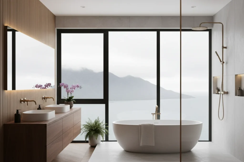 Luxury bathrooms in New Plymouth with freestanding tub, double vanity, and serene ocean view by Bathroom Renovations New Plymouth