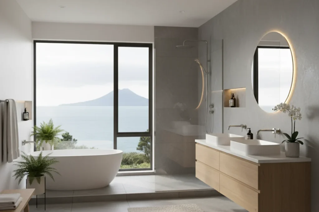 Contemporary bathrooms in New Plymouth featuring freestanding tub, double vanity, and modern lighting by Bathroom Renovations New Plymouth