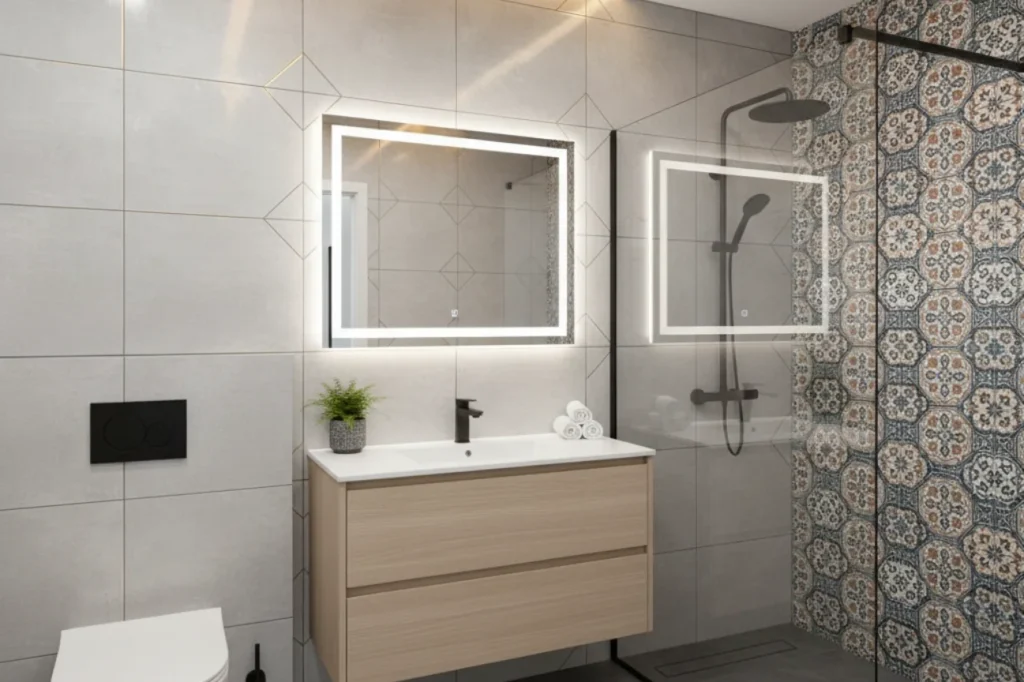 Budget bathrooms in New Plymouth with patterned tiles, modern vanity, and bright lighting by Bathroom Renovations New Plymouth