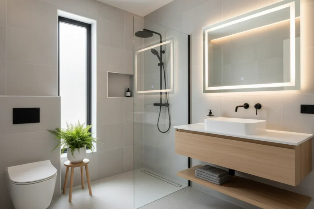 Small bathroom renovations in New Plymouth featuring floating vanity, glass shower, and modern lighting by Bathroom Renovations New Plymouth