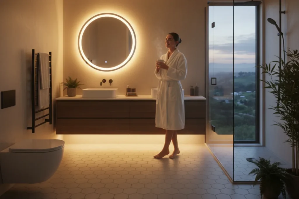 Modern ensuite upgrades in New Plymouth with underfloor heating, warm lighting, and elegant vanity by Bathroom Renovations New Plymouth