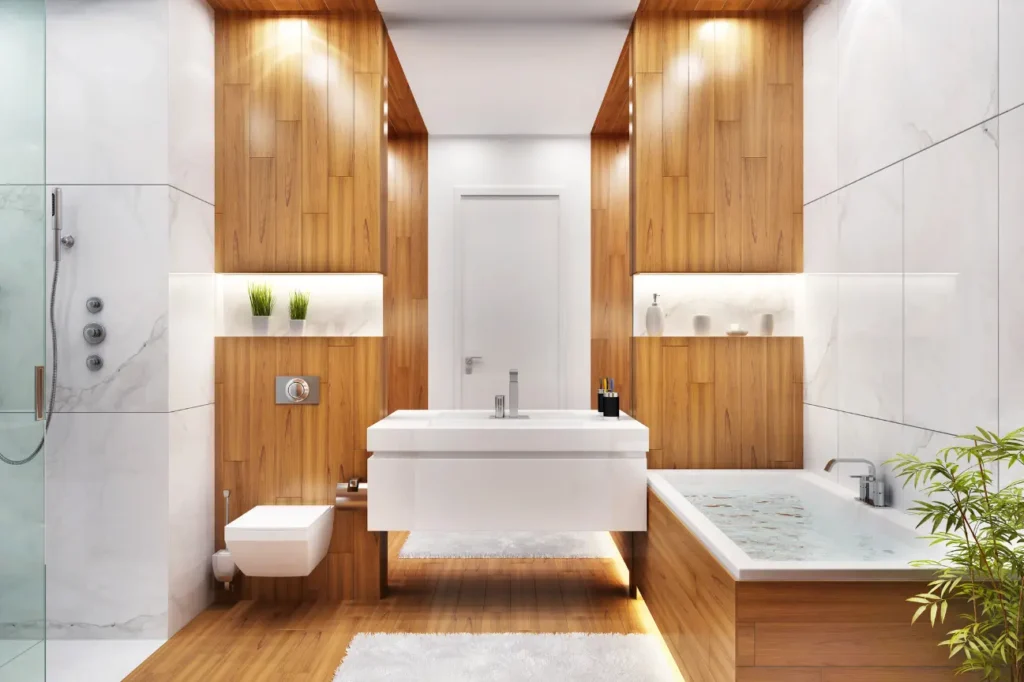 Elegant bathroom interior with wood accents showcasing stylish Bathroom Renovations New Plymouth.