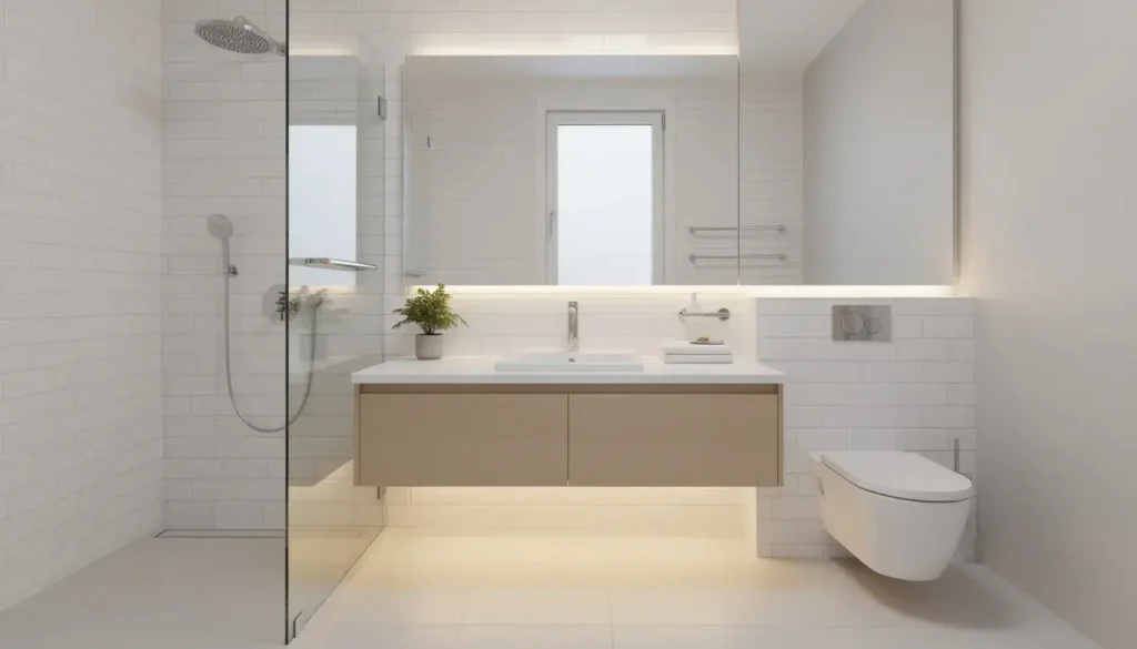 Modern white tiled interior showing a high quality small bathroom renovation cost New Plymouth homeowners find affordable and durable.