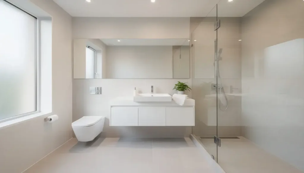 A bright minimalist bathroom featuring clever layout choices that help with tips to reduce the cost of your bathroom renovation New Plymouth.