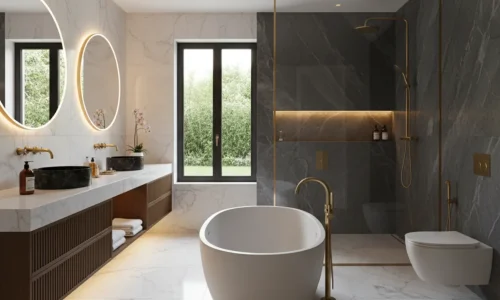 Luxury bathrooms in New Plymouth featuring marble finishes, freestanding tub, and gold fixtures by Bathroom Renovations New Plymouth