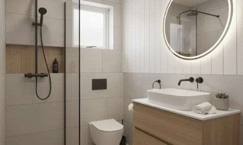 Small bathroom renovations in New Plymouth with floating vanity, glass shower, and modern lighting by Bathroom Renovations New Plymouth